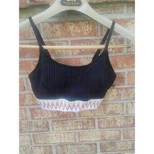 Black Ribbed Knit Bikini Top M Zig Zag Chevron Elastic Swimwear Aztec Western